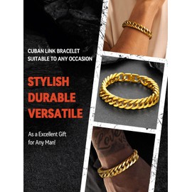 FaithHeart Mens Gold Bracelet, 12mm Width Stainless Steel Wrist Bracelets Men's Hip Hop Jewelry 8.2 Inch Length