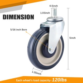 FLKQC 4Pack Shopping Cart Replacement Casters, 5-Inch Swivel Casters with 7/16-Inch Metal Nuts, Heavy Duty TPR Thermoplastic Rubber Replacement Wheels, 225-lb per Caster (Blue)