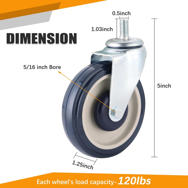 FLKQC 4Pack Shopping Cart Replacement Casters, 5-Inch Swivel Casters with