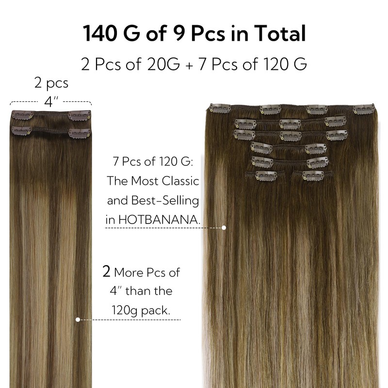 HOTBANANA Clip in Hair Extensions Real Human Hair, 140g 9pcs