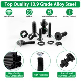 Metric Screws Suitable for 3D Printer DIY, 1500PCS M2 M3 M4 M5 M6 Screw and Nut Assortment Hex Socket Flat Head Cap 10.9 Grade Alloy Steel, Black Zinc Plated Metric Bolts and Nuts Assortment Kit