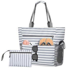 Ecofocet Beach Bag with Zip, Beach Bag XXL Family, Swimming Bag, Waterproof Sauna Bag, Travel Bag, Women's Tote Bag, Lightweight for Beach Holidays, Travel, Shopping, Sports Storage, gray