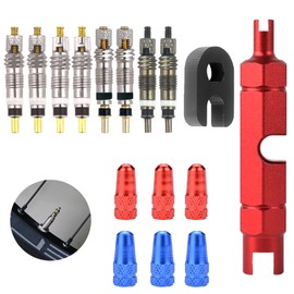 Presta Valve Cores and Remover Tool Kit, 16PCS Universal Bicycle Presta Valve Core Replacement Set, Copper Tubeless Valve Core, and Alloy Bike Tire Caps for Road and Mountain Bikes