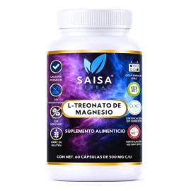 L-treonato De Magnesio | Treonato de Magnesio Suplemento Alimenticio | 100% Puro Saisa Herbal | 60 Cápsulas Saisa Alta Absorción | Reduccion de estrés, mejorar la memoria, concentración
