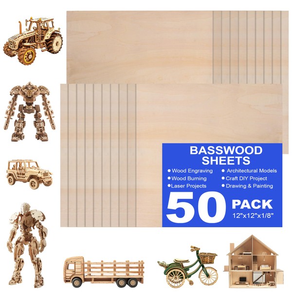 50 Pack 12"x12"x1/8" Basswood Sheets for Crafts,3mm Craft Wood Plywood,Unfinished