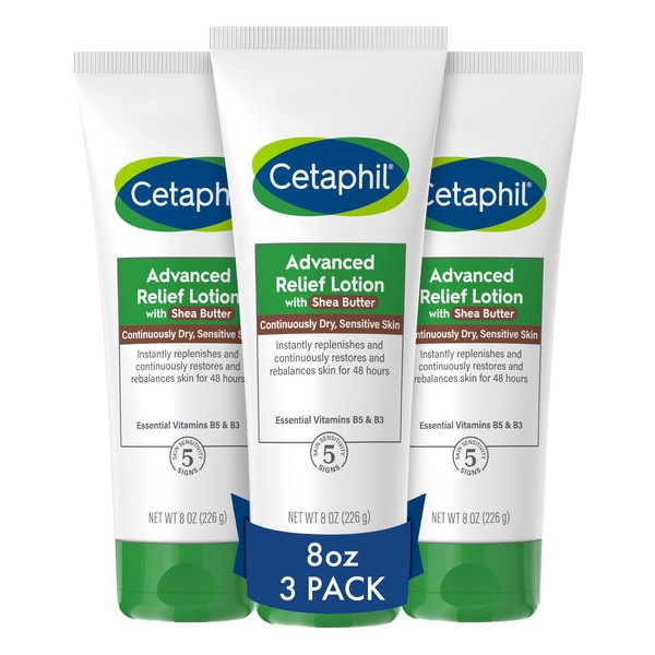 Cetaphil Body Lotion, Advanced Relief Lotion with Shea Butter for Dry, Sensitive Skin, NEW 8 oz Pack of 3, Fragrance Free, Hypoallergenic, Non-Comedogenic