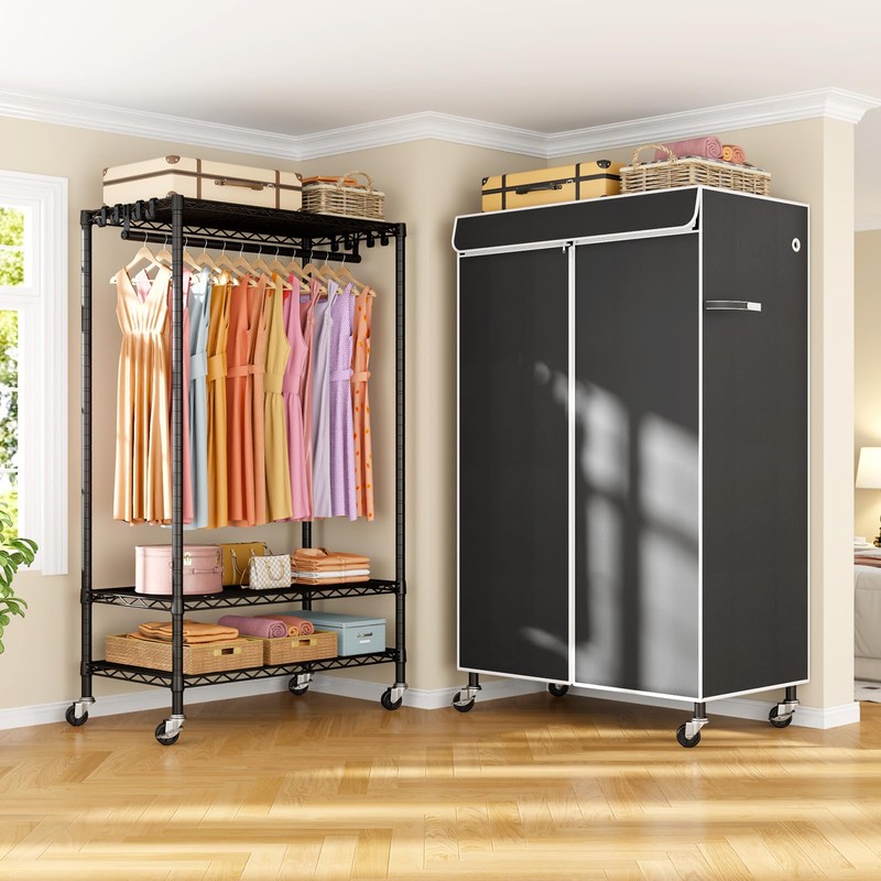 ULIFHOME P6C Rolling Clothes Rack with Cover, Covered Clothing Racks