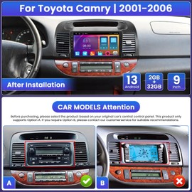 Roinvou 2+32G Android CarPlay Stereo for 2001-2006 Toyota Camry, 9'' Touch Screen in-Dash GPS Navigation with Built-in Wireless CarPlay Android Auto Support Mirror Link BT RDS AHD DSP