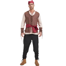 5 Pcs Men's Pirate Costume Set Renaissance Medieval Shirt Vest Banded Pants Viking Belt Headscarf Accessories