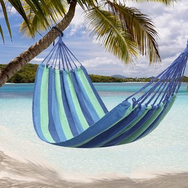 Camping Hammock,Portable Garden Hammock,Extra Long and Wide Brazilian Hammock Canvas Cotton Hammock with Carrying Bag for Patio Yard & Backyard &Porch & Outdoor/Indoor (Blue & Green Strip)