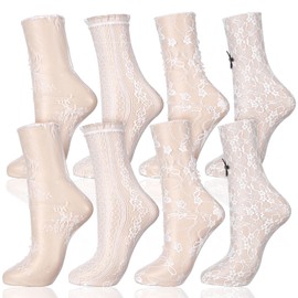 Geyoga 4 Pairs Women's Fishnet Knee High Stockings Lace Hollow out Women's Calf Socks Ankle Sheer Socks(White,Lace)