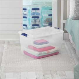 Sterilite 66 Quart Latch Box, Clear Plastic Storage Bin with Lid, Blue Accents, Secure Lid & Stacking Feature for Various Uses