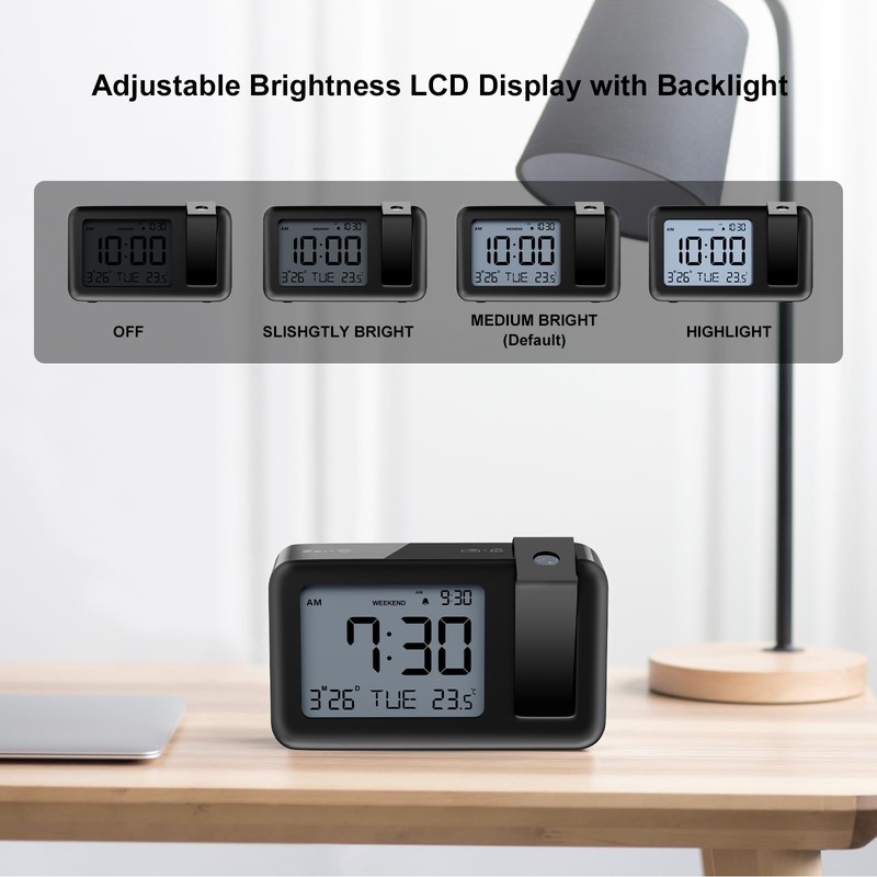 CHEREEKI Projection Alarm Clock, Alarm Clock with Indoor Temperature, 4