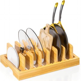 Bamboo Pot Lid Organizer, Pots and Pans Organizer Holder, Organizer Holder Rack for Countertop Drawer, Kitchen Organizer with 7 Adjustable Dividers for Pots, Pans, Baking Sheets, Cutting Boards