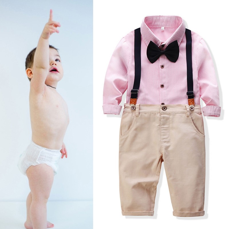 Baby Boy Gentleman Outfit Children Exquisite Stripe Shirt Suspender Pants