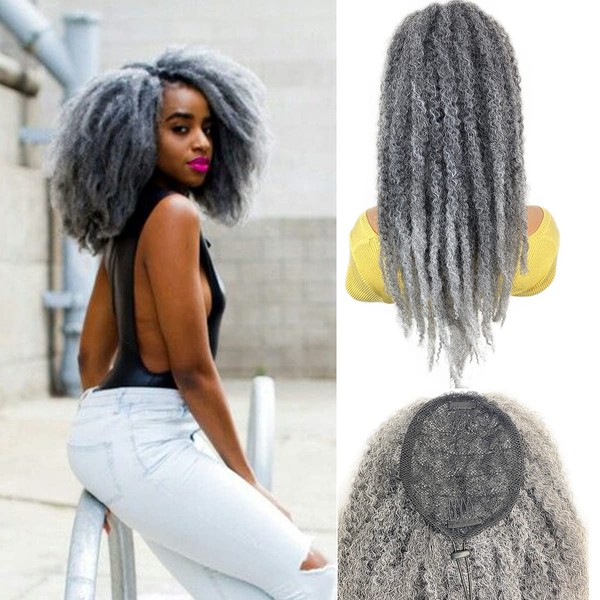 VAVANGA Marley Hair Ponytail Drawstring 18-inch Ombre Grey Color Synthetic Braiding Hair Afro Kinky Ponytail for Black Women Quick Wrap Pony Jamaican Twist Hair Ponytail Extension(T1B/GRAY#, 18")