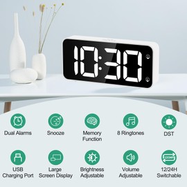 HERMIC Alarm Clock Bedside Clock Large Digital Led Display, Full-Range Brightness Dimmer, Adjustable Alarm Volume, Snooze, Dual Alarm, 12/24H, Easy to Use Mains Powered White