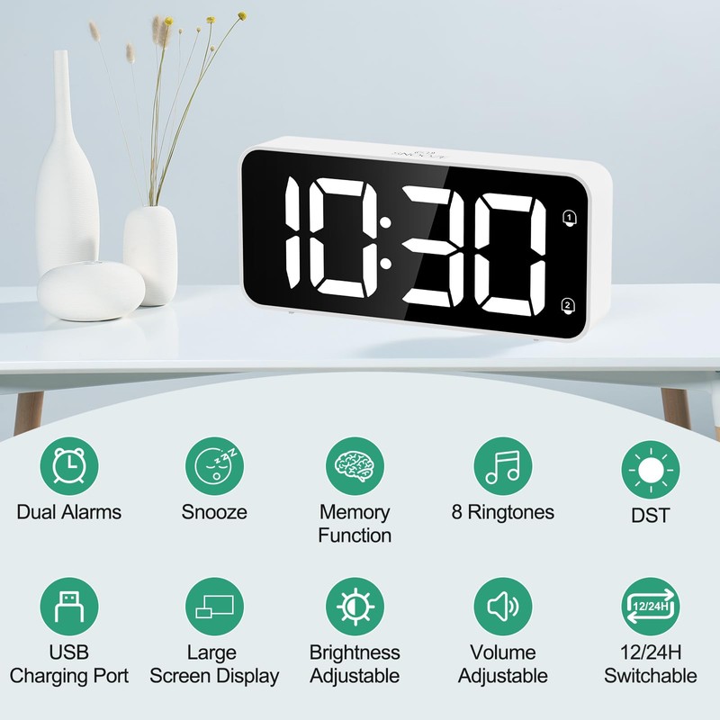 HERMIC Alarm Clock Bedside Clock Large Digital Led Display, Full-Range