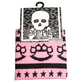 Knit Black Brass Knuckles & Stars on Light Pink Wristbands from Sourpuss Clothing (Set of 2)