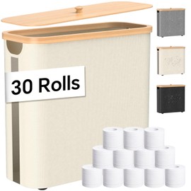 Toilet Paper Storage with Bamboo Lid, 33.8L Foldable Toilet Paper Basket Organizer Holder for up to Regular 30 Rolls Or 12 Mega Rolls, Waterproof Free Standing Toilet Paper Holder for Bathroom, Beige