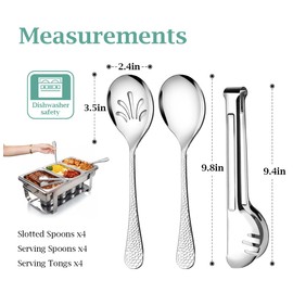 Teivio Hammered Stainless Steel Metal Serving Utensils Set of 12, 10" Serving Spoons, 10" Slotted Spoons, 9" Serving Tongs, Large Hostess Serving Set for Parties Chafing Dish Buffet Catering (Silver)