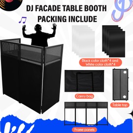 GarveeLife Portable DJ Facade Booth,52 in L x 43.2 in H x 26 in W DJ Facade with White & Black Scrim,Foldable DJ Table Station with Adjustable Feet for Party, Black Metal Frame ﻿