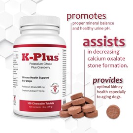 Pet Health Solutions K-Plus Potassium Citrate Plus Cranberry Supplement for Dogs - UTI Remedy Chewable Tablets - Supports Bladder Health - for Every Dog Breed, 200 Chewable Tablets