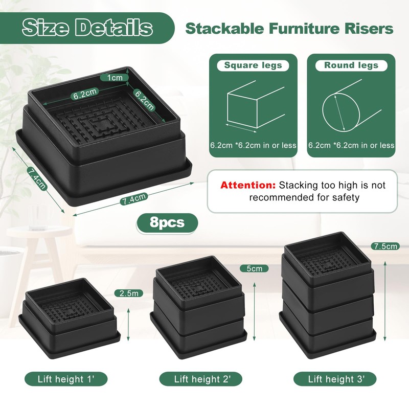 Coptiner Bedding Adjustable Furniture Risers, 2.5 cm, 5 cm, 7.5
