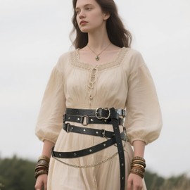 Renaissance Belt Women Pirate Medieval Ren Faire Adjustable PU Leather Chain Belt for LARP Black