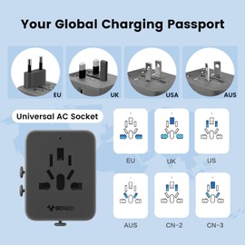 GONEO Universal Travel Adapter Worldwide No Fuse Required Travel Plug with USB C USB A Type A and AC Outlet International Power Adapter for UK Italy Spain France Germany Japan Over 200 Countries