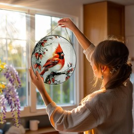 Stained Glass Window Hanging, DOUHASU 8 Inch Cardinal Stained Glass Suncatcher Ornement, Window Decor, Sympathy Gift, Cardinal Gifts for Women