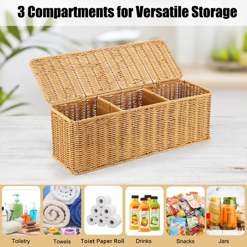 Sumnacon Wicker Storage Basket with Lid, Rectangular Narrow Baskets for