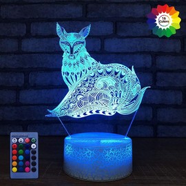 HPBN8 Ltd Creative 3D Fox Night Light USB Powered Remote Control Touch Switch LED Decor Table Desk Optical Illusion 3D Lamp 7/16 Colors Changing Lights Children Kids Toy Xmas Brithday Gift