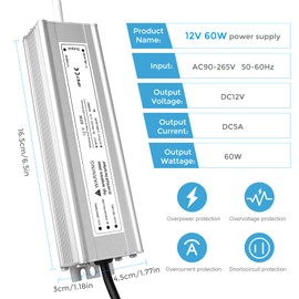 LED Driver Waterproof IP67 60W 12V LED Power Supply Transformer Adapter 110V AC to 12V DC Low Voltage Output with 3-Prong Plug 3.3 Feet Cable for LED Strip Lighting, Outdoor Use