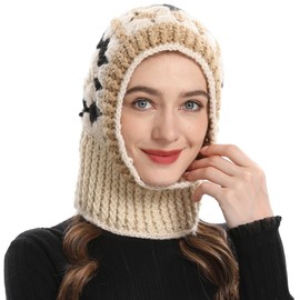 ZLYC Winter Knitted Winter Hat Windproof Hooded Scarf Balaclava Beanie Hat for Women (Crochet Beige)