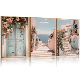 KAIRNE Italy Coast Cityscape Framed Canvas Wall Art Set, Neutral Italian Countryside Wall Decor, Aegean Santorini Landscape Wall Painting, Florida Beach Art Prints for Living Room, Bedroom 16"x24"x3