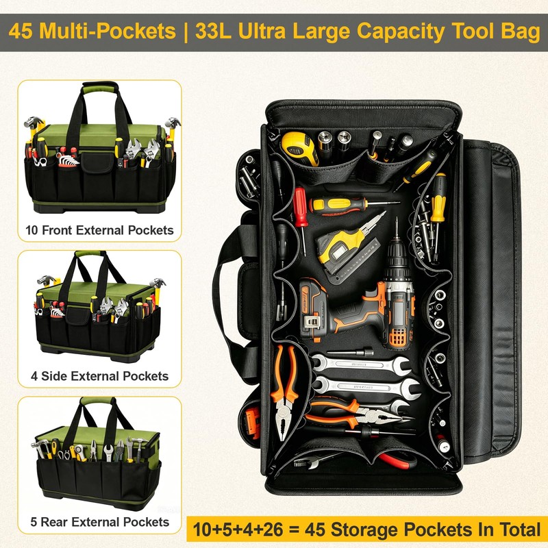 18-Inch Heavy Duty Tool Bag, 45-Pocket Large Capacity Tool Organizer