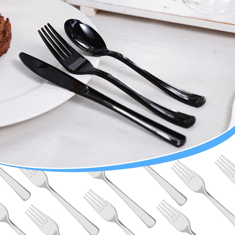 200 Count Black Plastic Forks, Heavy Duty Disposable Cutlery