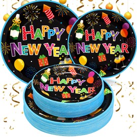 Sieral 100 Pcs New Year Party Paper Plates New Year Eve Party Disposable Plates 9" 7" Happy New Year Round Dinnerware Dessert Plates Tray Party Supplies for New Years Party Supplies 2025(Cute)