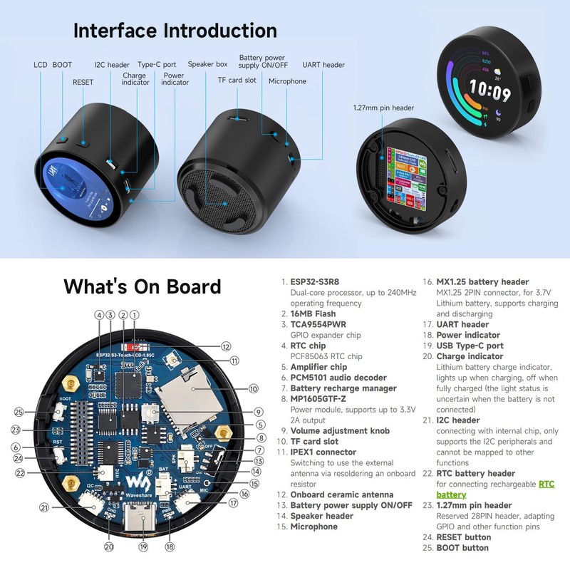 Waveshare ESP32-S3 1.85inch Round LCD Development Board, 360×360, Supports W-F