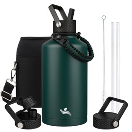 Konokyo Insulated Water Bottle with Straw,87 oz 3 Lids Water Jug with Carrying Bag,Paracord Handle,Double Wall Vacuum Stainless Steel Metal Flask,Dark Green