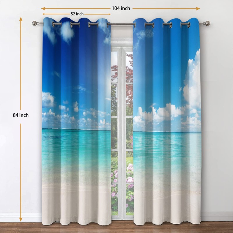 Jekeno Ocean Beach Blackout Curtains Tropical Blue Sky Cloud Sunshine