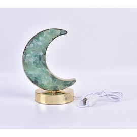 AMOYSTONE Natural Stone Led Lamp Crystal Night Lamp USB Power Rock Table Lamp Green Fluorite Tri-Color Bedside Light Crescent Shaped, Ambient Night Light Gift