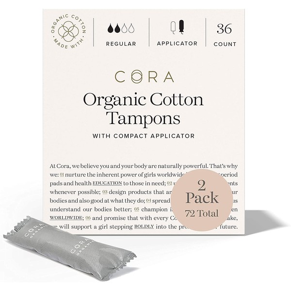 Cora Organic Tampons | Regular Absorbency | 100% Cotton Core, Unscented with BPA-Free Applicator | Leak Protection, Easy (72 Count)
