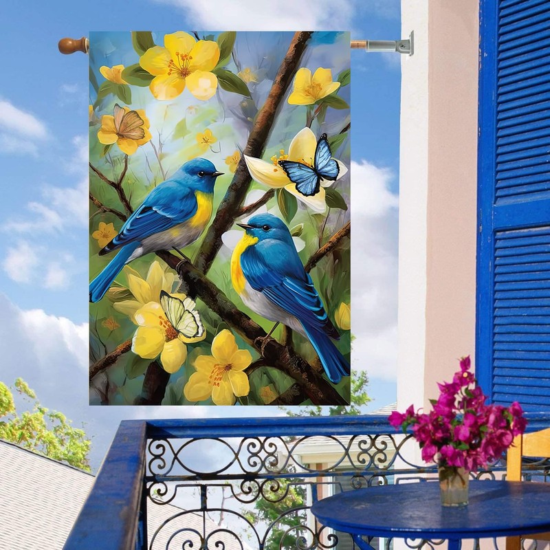 Large Spring Summer House Flags 28x40 Double Sided Bluebird Garden