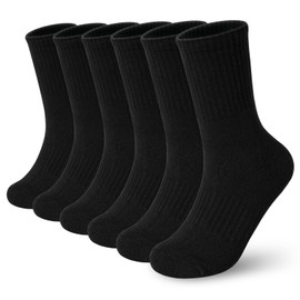 Booph- Calcetines deportivos para niños y niñas, transpirables, de alto rendimiento, con media amortiguación, de algodón grueso, para correr, fútbol, 6 pares, 5-7 años, color negro