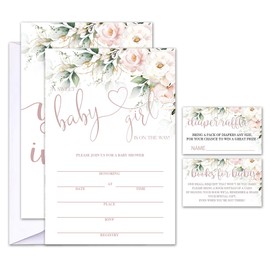 Geuro Set of 25 Baby Shower Invitations with Envelopes, Diaper Raffle Tickets and Baby Shower Book Request Cards, Floral flower