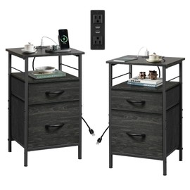 WLIVE Night Stand Set 2, Black Nightstand with Charging Station, Bedside Tables for Bedroom, Side Table with Fabric Drawers, USB Ports and Outlets