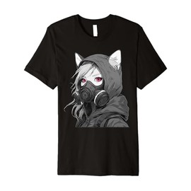 Cute Animegirl Gaming Cat Ears Gas Mask Black White Premium T-Shirt