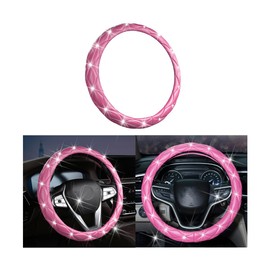 Diamond Soft Leather Steering Wheel Cover, 15 Inch Bling Elastic Steering Wheel Protector with Sparkly Crystal Rhinestones, Auto Accessories Universal for SUV, Truck, Van, Car (Pink)